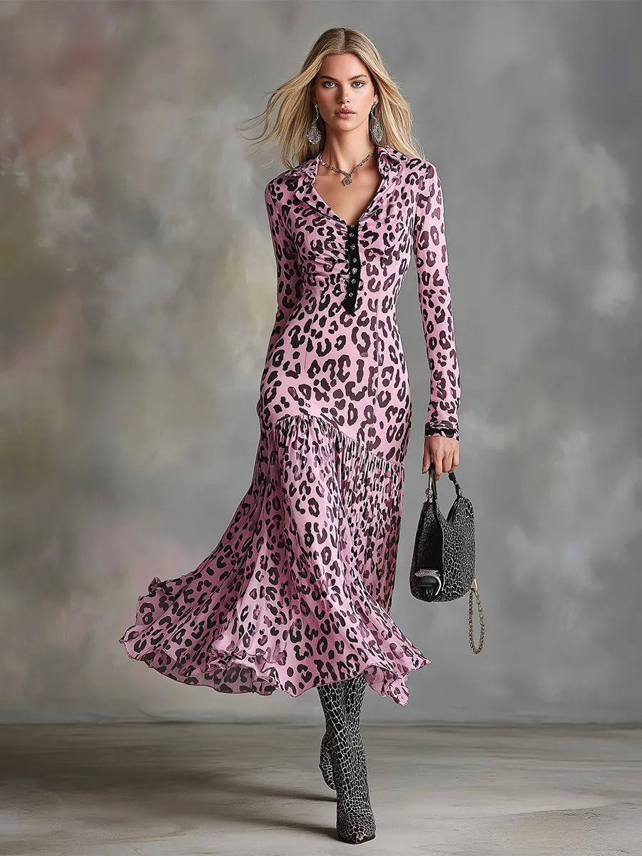 Stylish And Sexy Pink Leopard Print Chiffon Maxi Dress sold by Oyrosy product image thumbnail 2