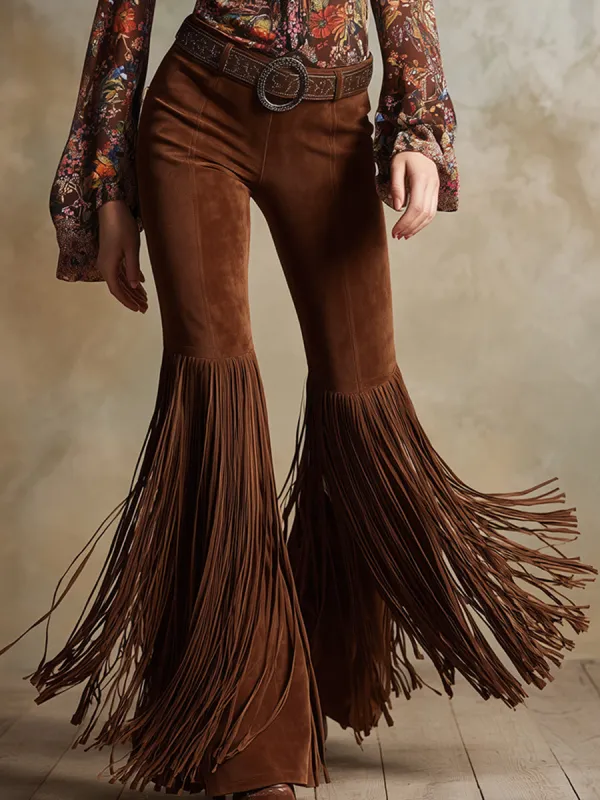 Classic Retro Brown Fringed Faux Suede Flared Pants sold by Oyrosy