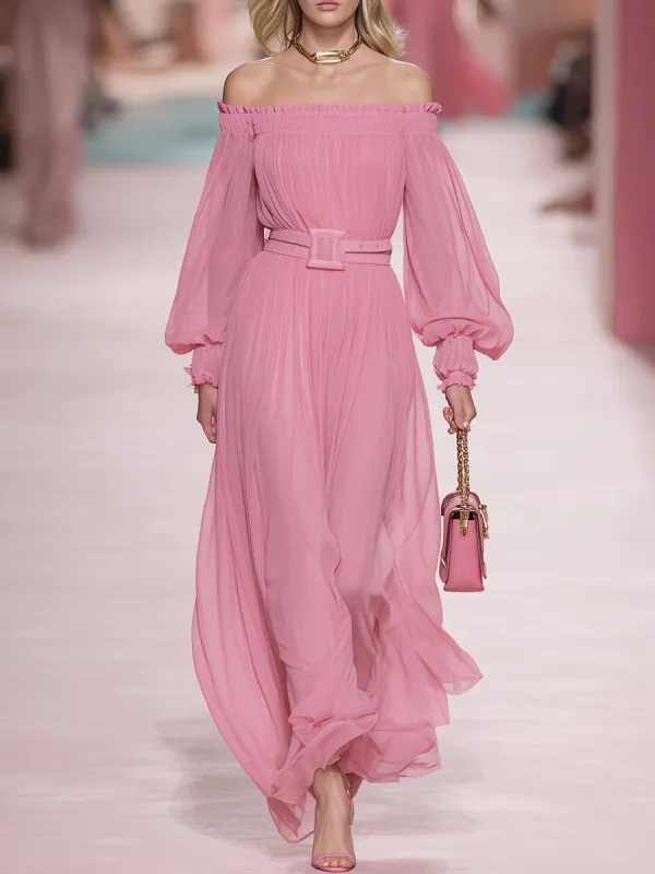 Elegant Pink Chiffon Off-shoulder Maxi Dress sold by Oyrosy