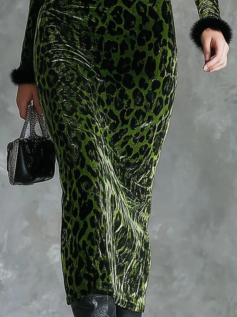 Elegant Retro Green Leopard Print Velvet Print Faux Fur Collar Midi Dress sold by Oyrosy product image thumbnail 4