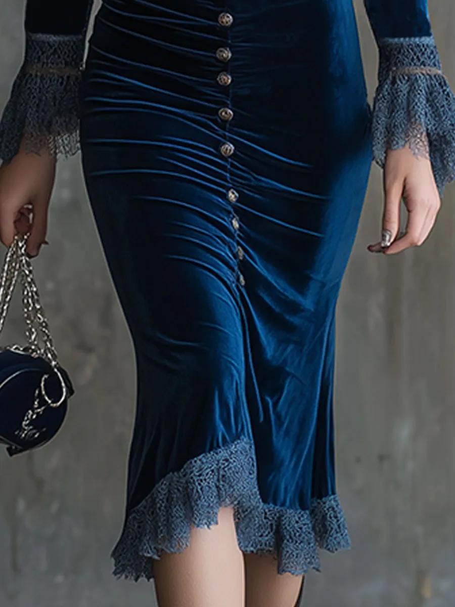 Elegant Retro Blue Velvet Lace Puff Sleeve Midi Dress sold by Oyrosy product image thumbnail 4