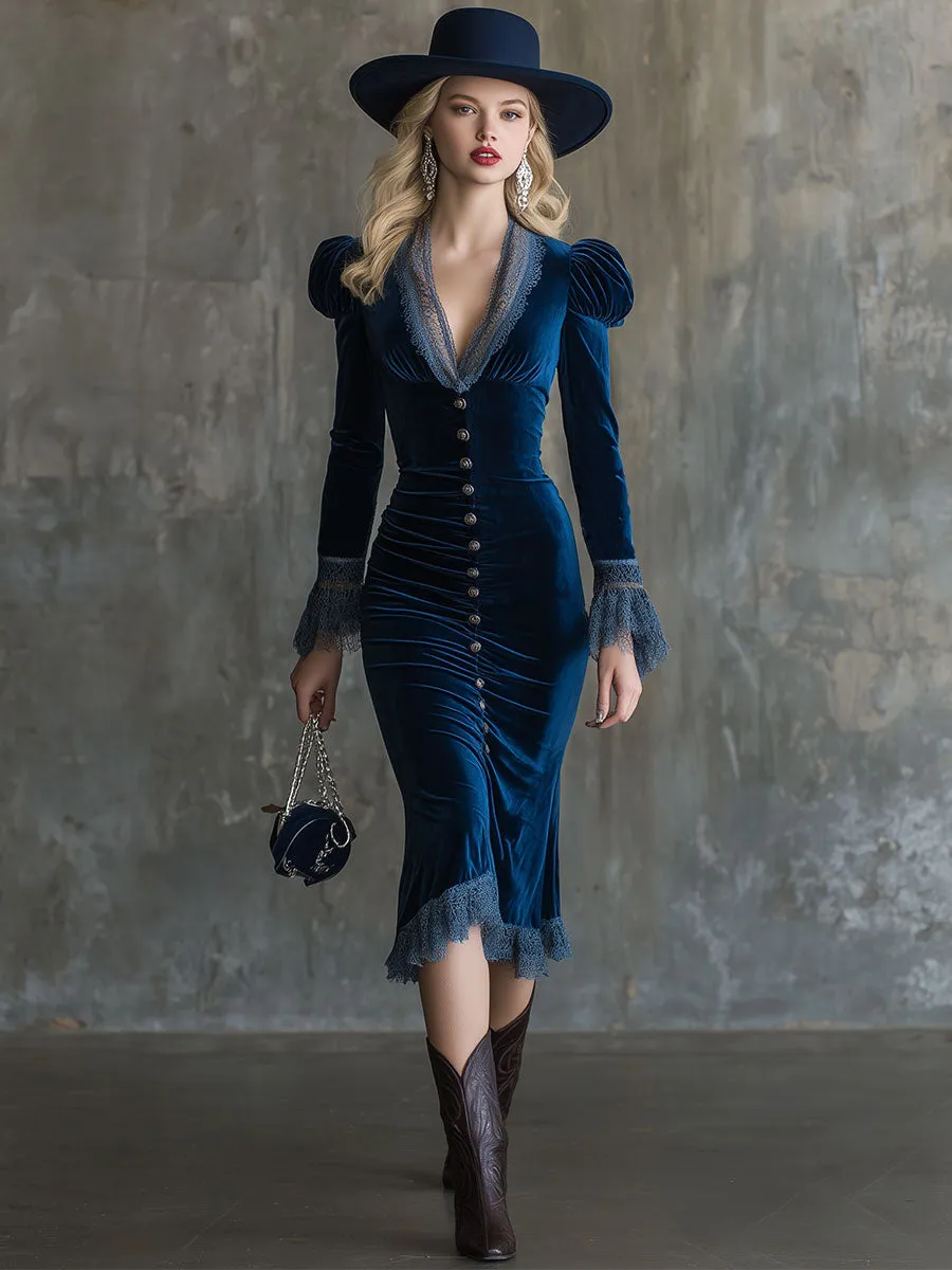 Elegant Retro Blue Velvet Lace Puff Sleeve Midi Dress sold by Oyrosy product image thumbnail 2