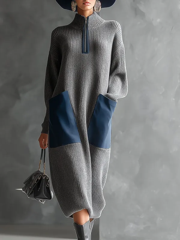 Casual Retro Blue Faux Leather Large Pocket Gray Knit Midi Dress sold by Oyrosy