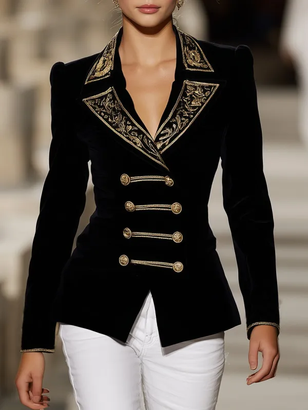 Western Black Velvet Patchwork Embroidered Button  Blazer sold by Oyrosy