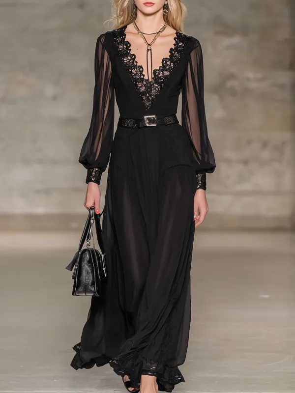 Stylish And Classic Black Chiffon And Lace Maxi Dress sold by Oyrosy