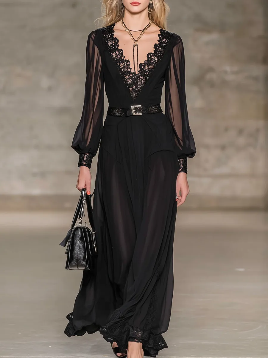 Stylish And Classic Black Chiffon And Lace Maxi Dress sold by Oyrosy