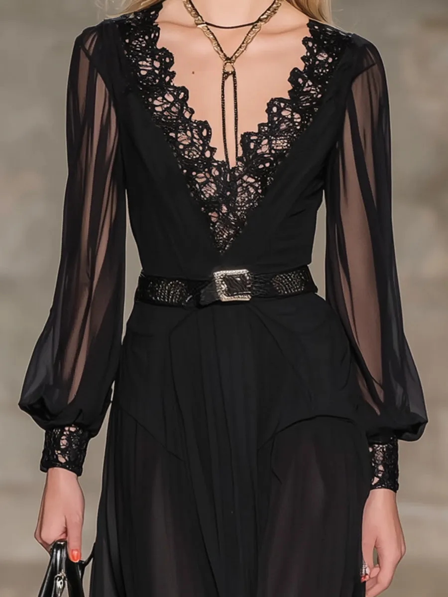 Stylish And Classic Black Chiffon And Lace Maxi Dress sold by Oyrosy product image thumbnail 3