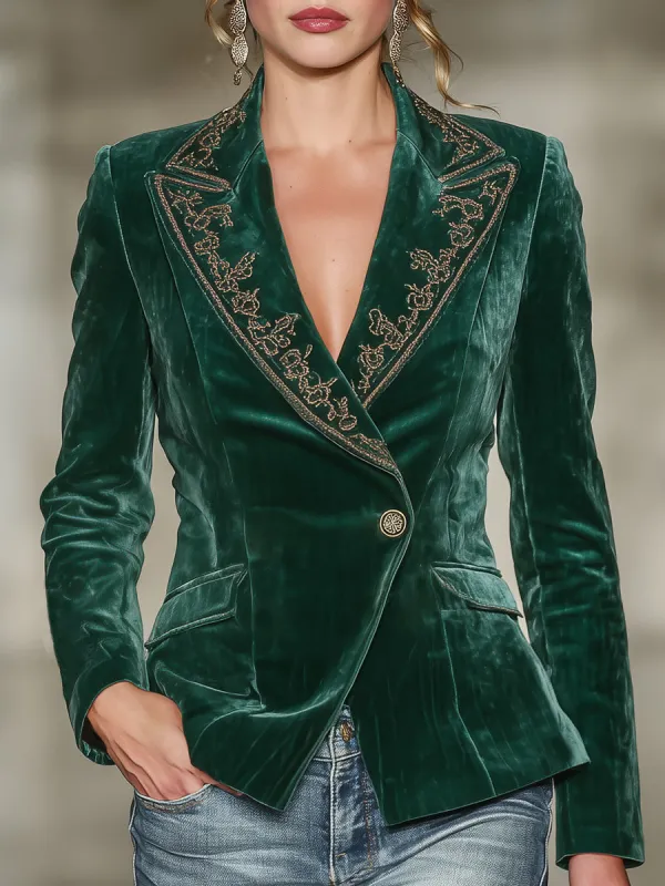 Fashionable Emerald Green Velvet Collar Embroidered Blazer sold by Oyrosy