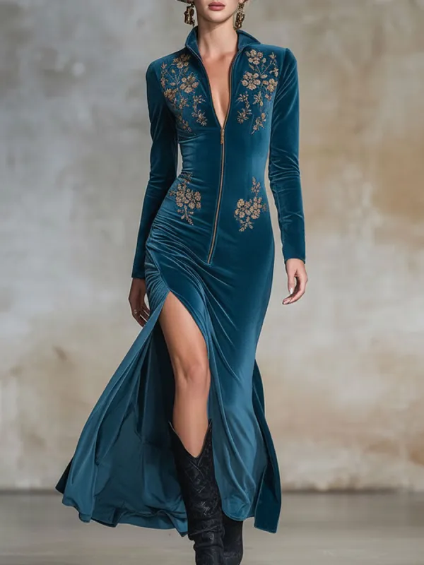 Elegant Stand-up Collar Long Zipper Embroidered Slit Velvet Maxi Dress sold by Oyrosy