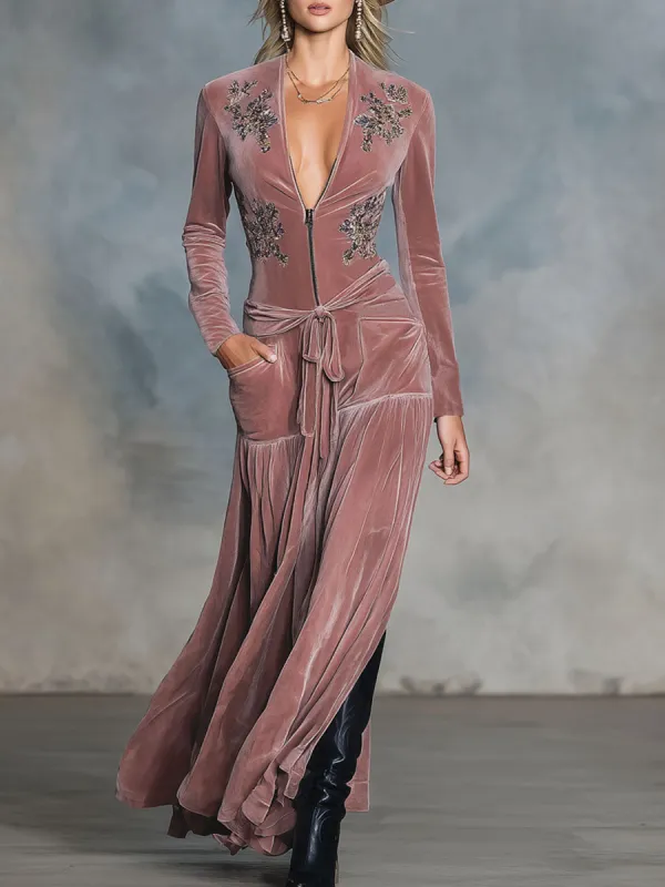 Elegant V-neck Zip-up Embroidered Double-pocket Velvet Maxi Dress sold by Oyrosy