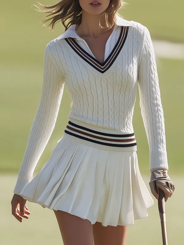 Sporty Retro Long-Sleeved Off-White Knit Cable Knit Sweater And Pleated Skirt Set sold by Oyrosy