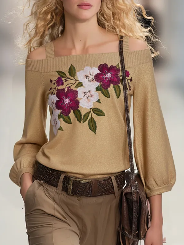 Retro-chic Floral Embroidered Off-shoulder Khaki Knit Sweater sold by Oyrosy