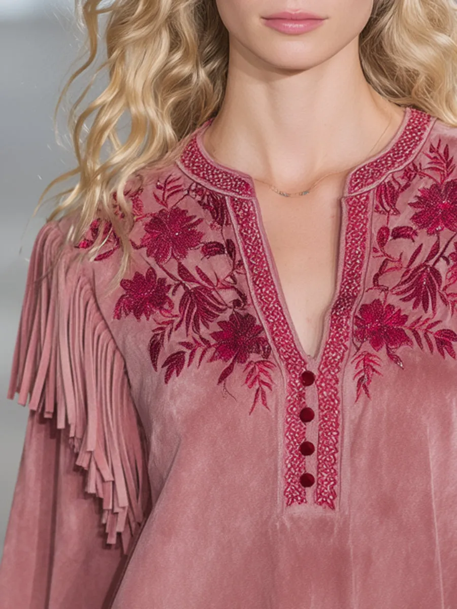 Retro Western Style Embroidered Tassel Pink Faux Suede Shirt sold by Oyrosy product image thumbnail 3