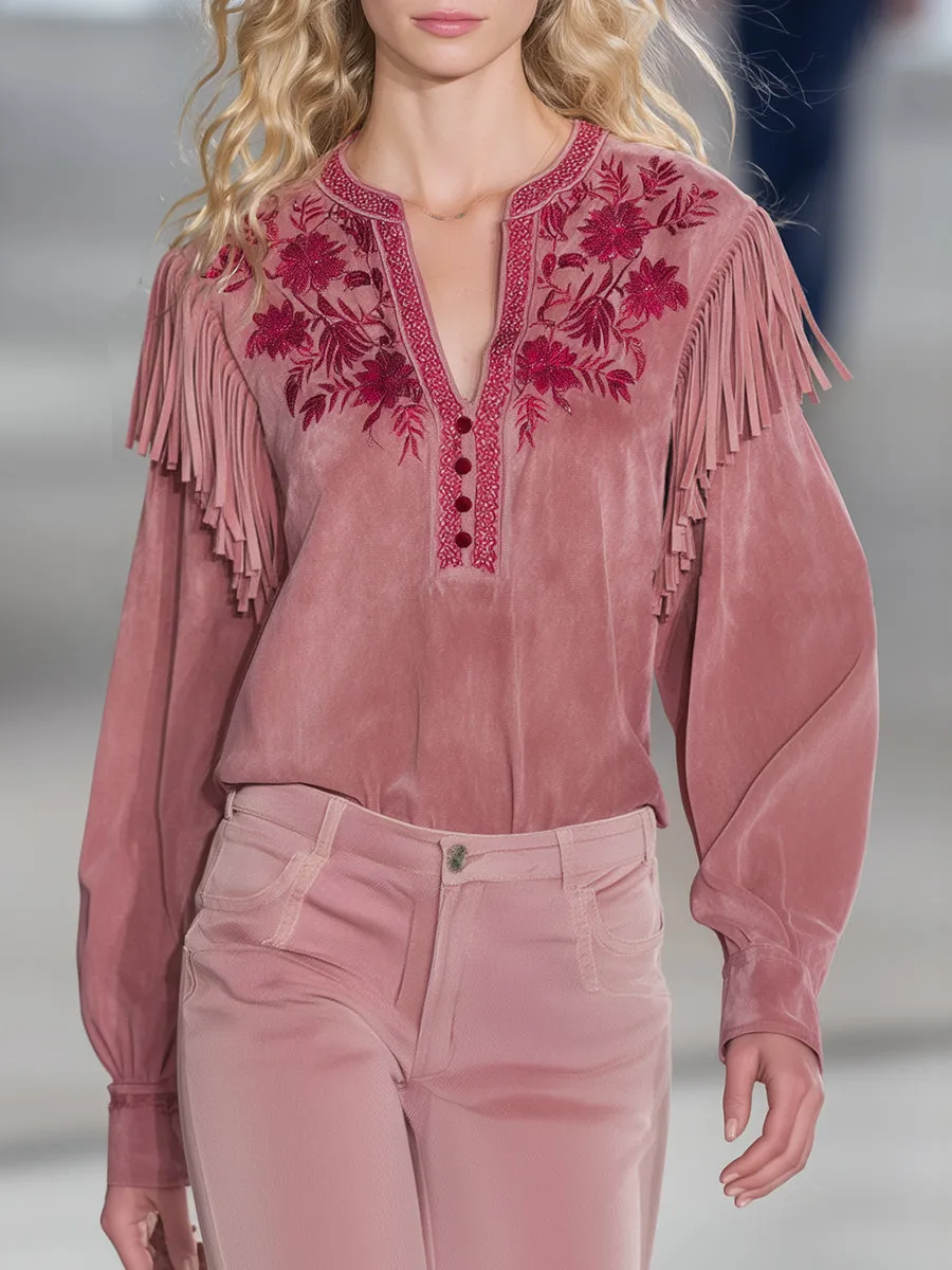 Retro Western Style Embroidered Tassel Pink Faux Suede Shirt sold by Oyrosy