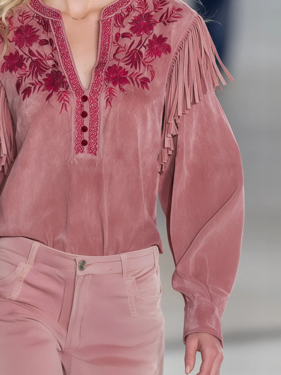 Retro Western Style Embroidered Tassel Pink Faux Suede Shirt sold by Oyrosy product image thumbnail 4
