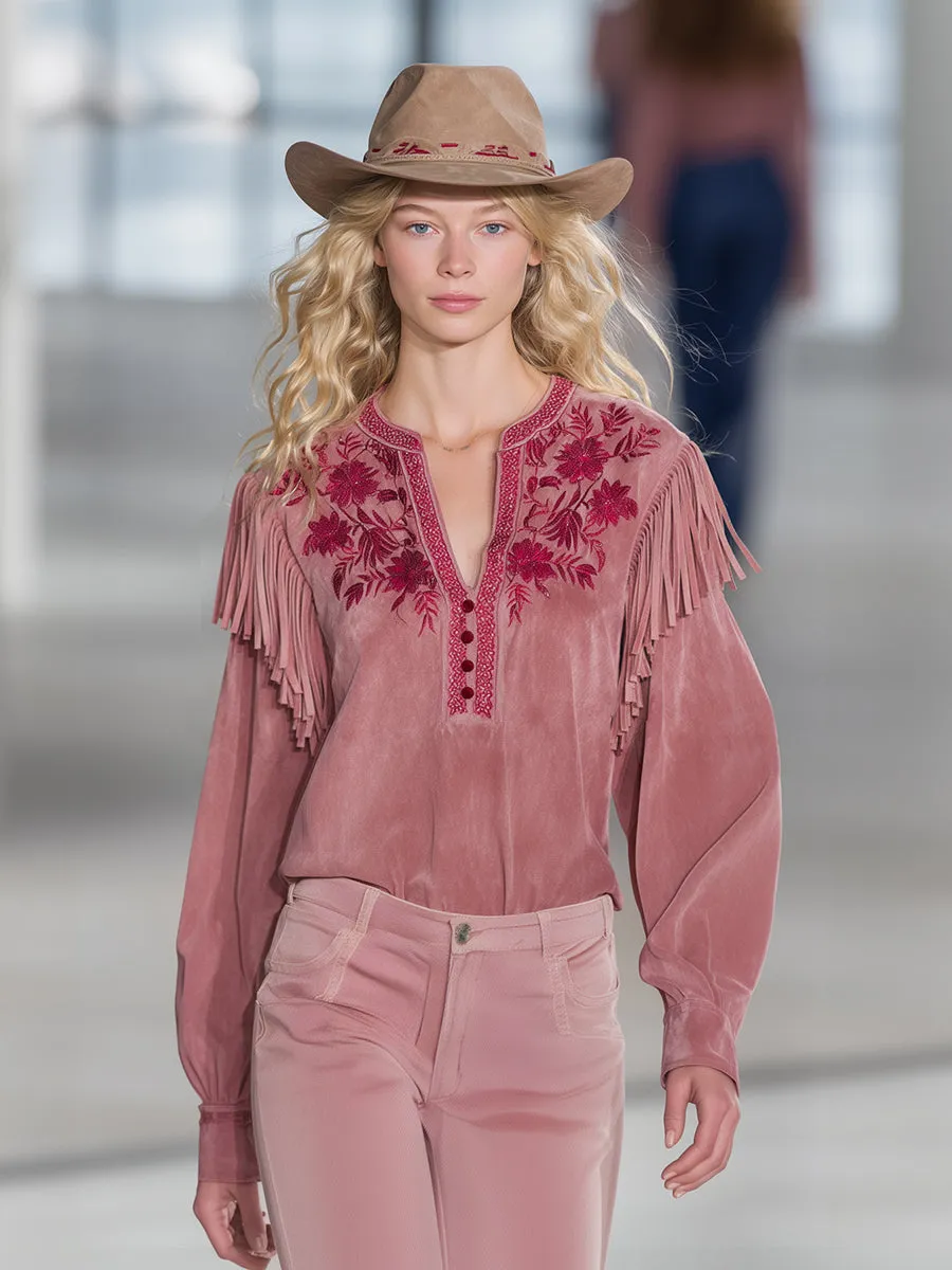 Retro Western Style Embroidered Tassel Pink Faux Suede Shirt sold by Oyrosy product image thumbnail 2