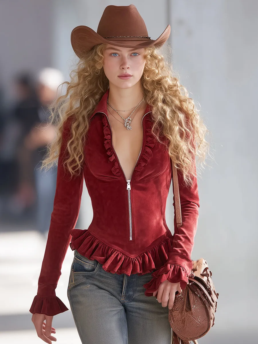 Retro-modern Ruffle Trim Red Faux Suede Shirt sold by Oyrosy product image thumbnail 2