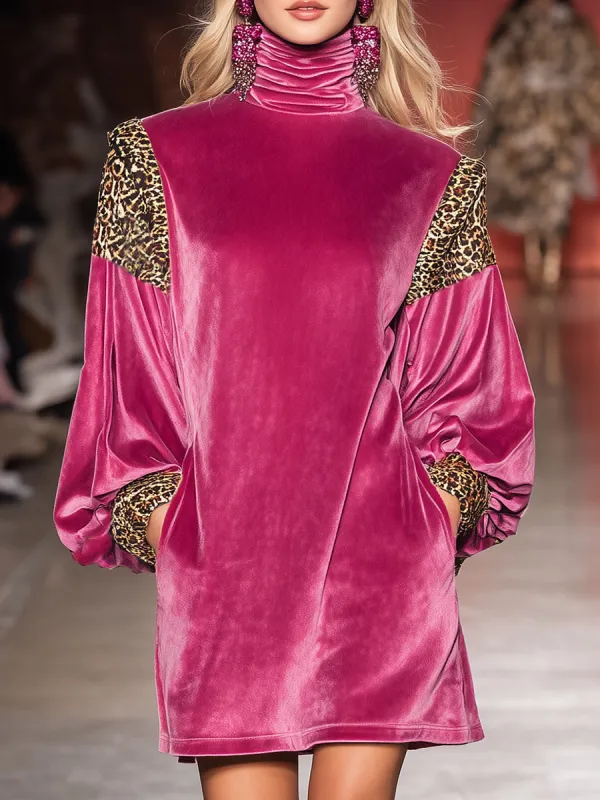 Stylish And Casual High-neck Pink Patchwork Leopard Print Velvet Mini Dress sold by Oyrosy