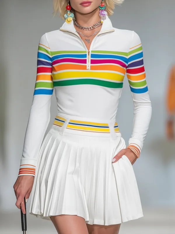 Casual Fashion Rainbow Striped Pleated Skirt Sporty Set sold by Oyrosy