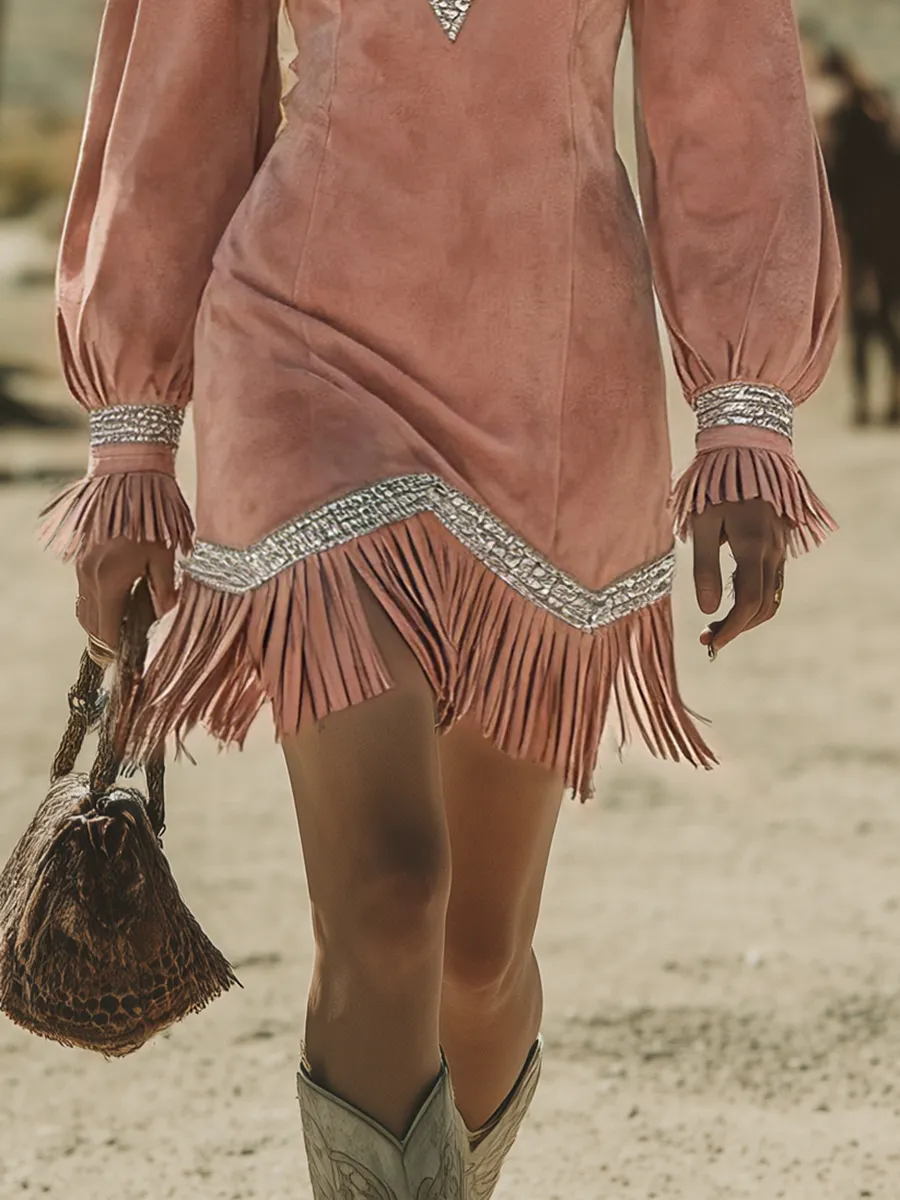 Western-style Retro Bohemian Fringed Faux Suede Dress sold by Oyrosy product image thumbnail 4