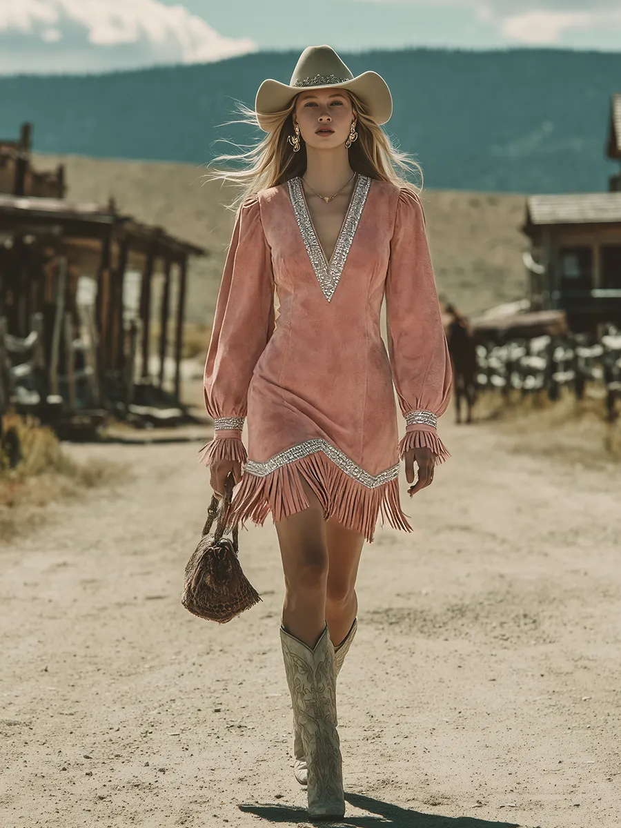 Western-style Retro Bohemian Fringed Faux Suede Dress sold by Oyrosy product image thumbnail 2