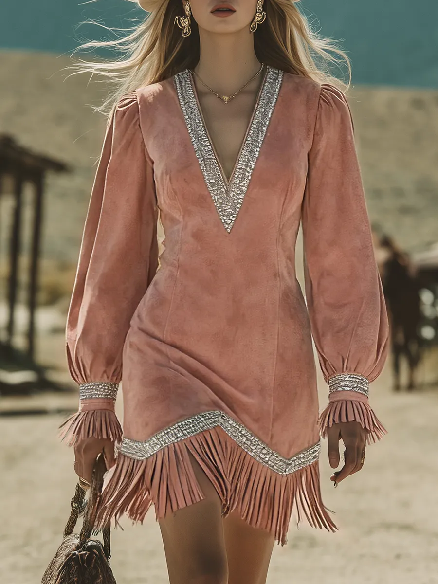 Western-style Retro Bohemian Fringed Faux Suede Dress sold by Oyrosy
