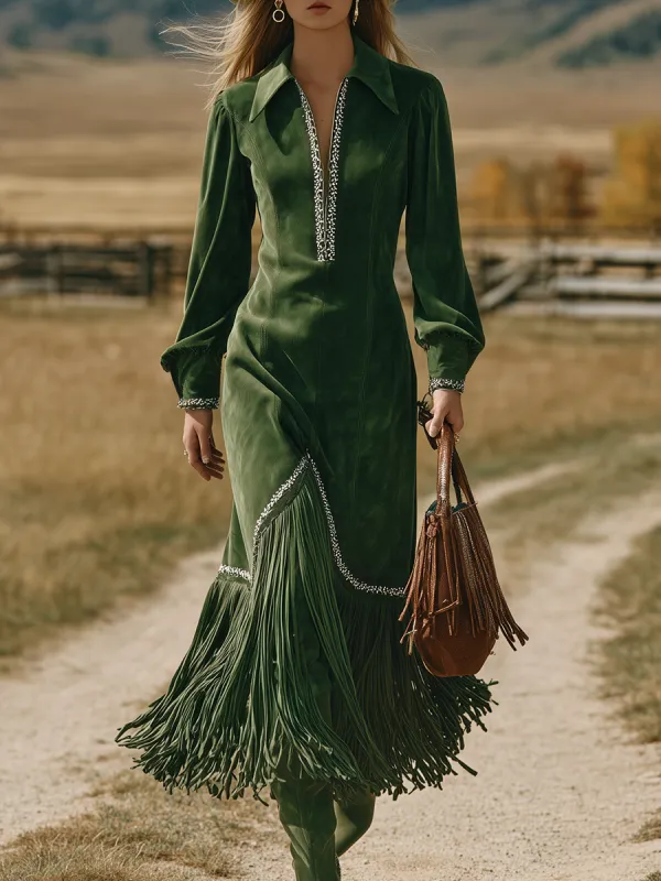 Retro Western Style Lapel Embroidered Tassel Faux Suede Dress sold by Oyrosy