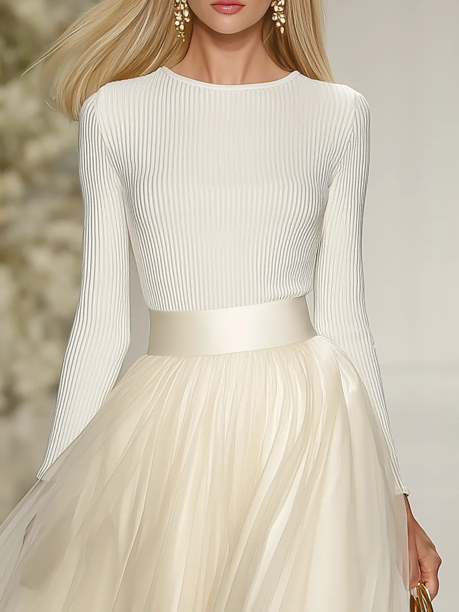 Elegant Round Neck Ribbed Mesh Patchwork Dress sold by Oyrosy product image thumbnail 3