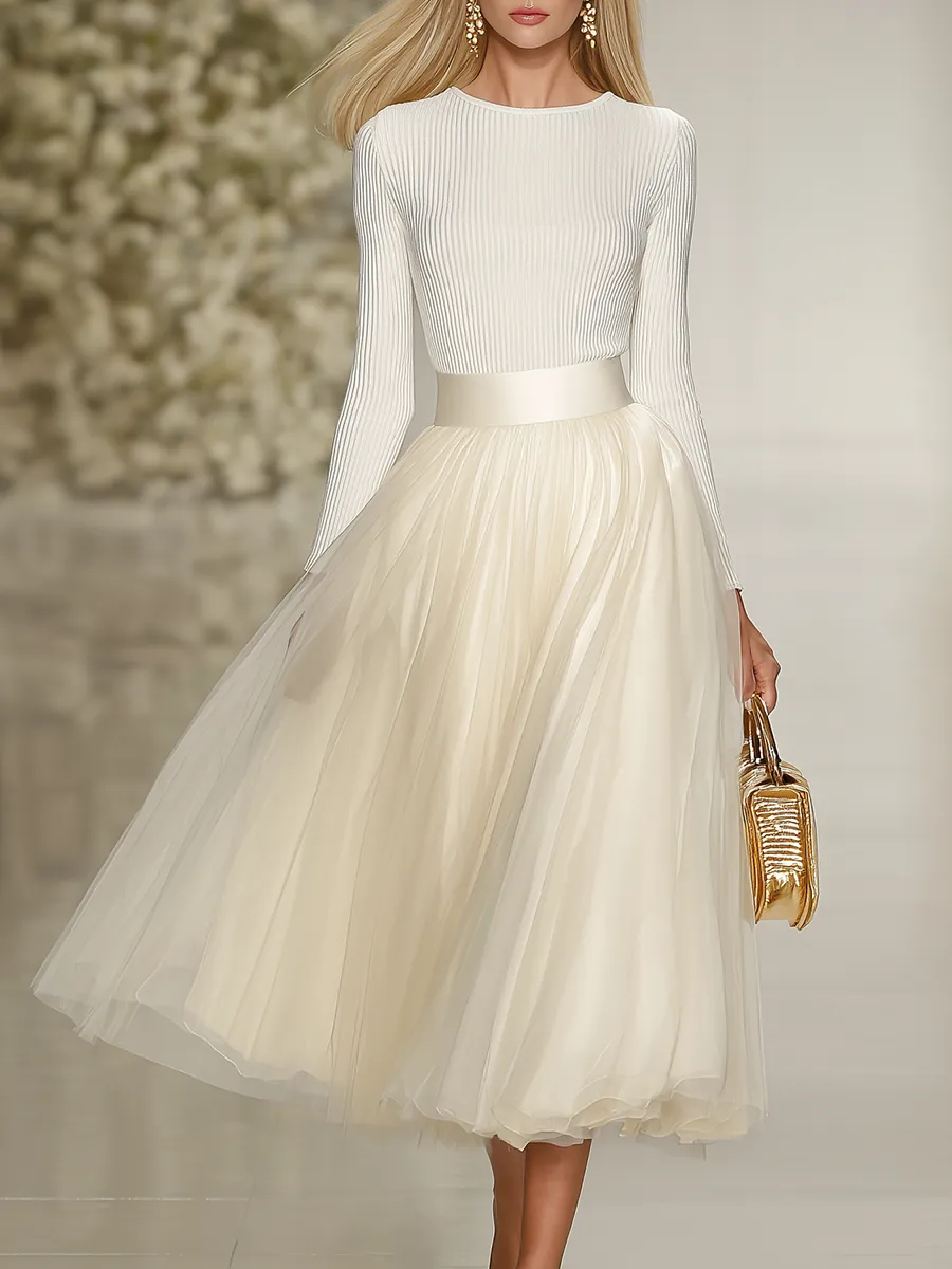 Elegant Round Neck Ribbed Mesh Patchwork Dress sold by Oyrosy