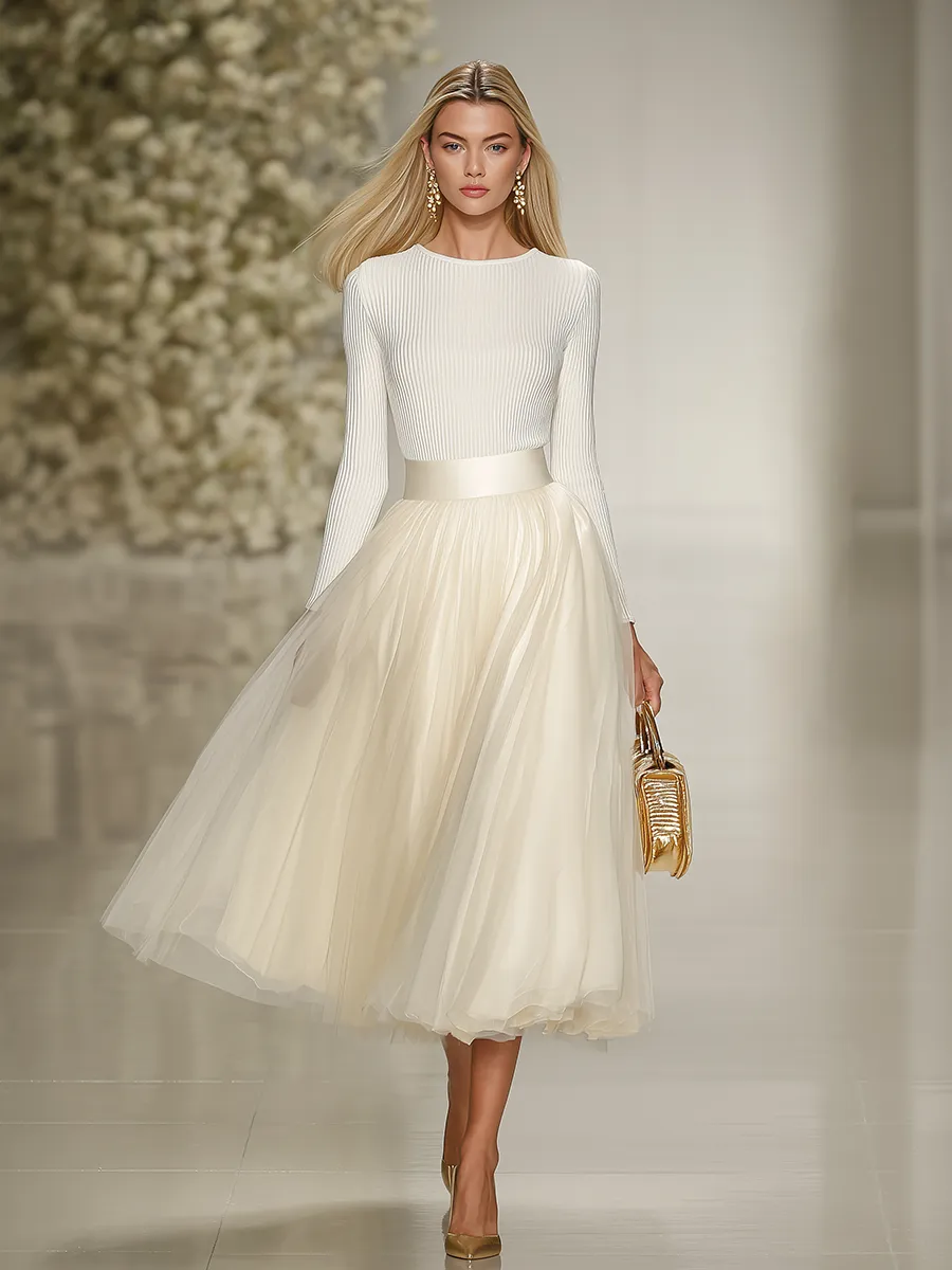 Elegant Round Neck Ribbed Mesh Patchwork Dress sold by Oyrosy product image thumbnail 2