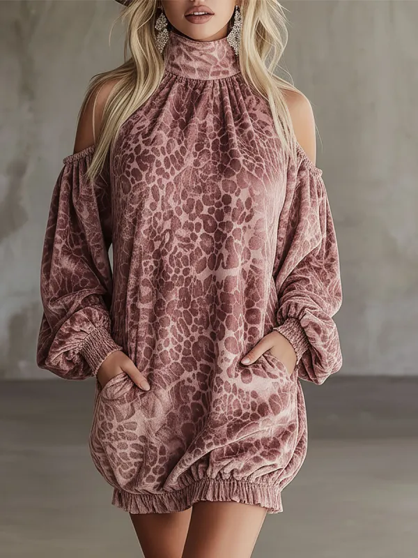 Retro Loose-fitting Pink Leopard Print Velvet Print Off-shoulder Mini Dress sold by Oyrosy