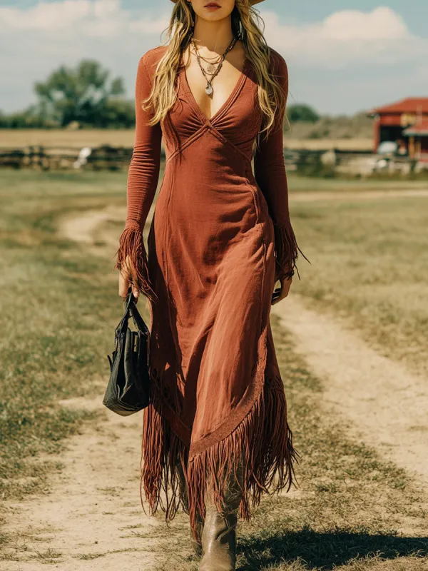 Western Retro Brick Red Cotton Long Sleeve Tassel Maxi Dress sold by Oyrosy