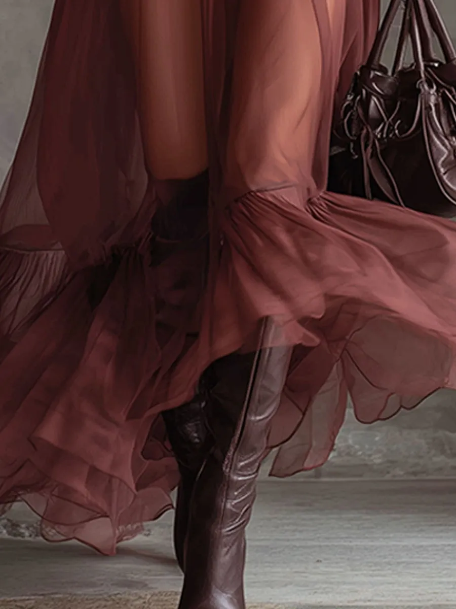 Retro Deep Red V-neck Chiffon Maxi Dress sold by Oyrosy product image thumbnail 4