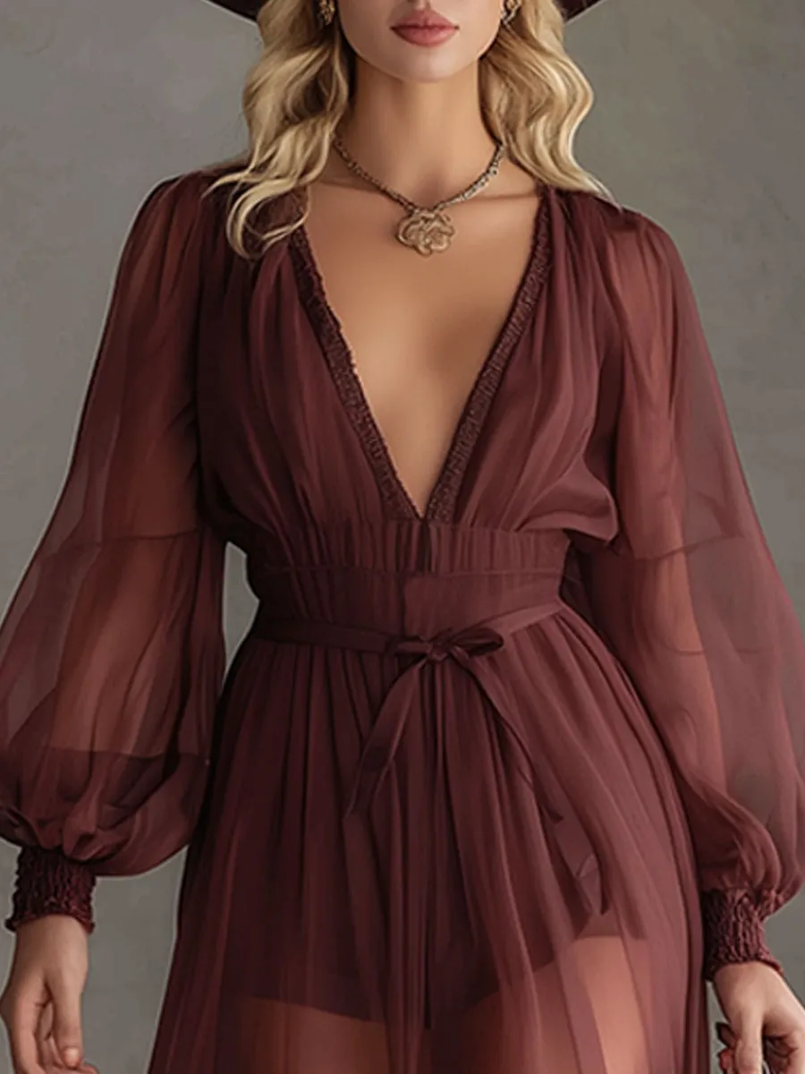 Retro Deep Red V-neck Chiffon Maxi Dress sold by Oyrosy product image thumbnail 3