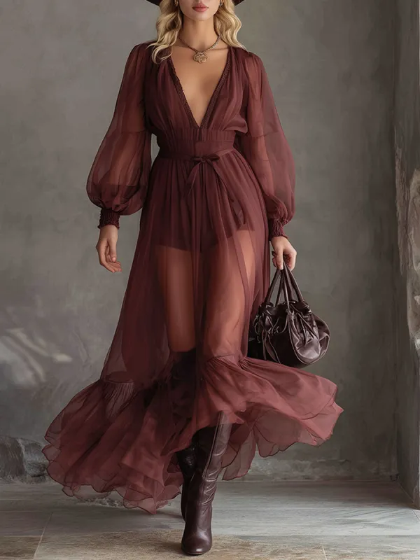 Retro Deep Red V-neck Chiffon Maxi Dress sold by Oyrosy