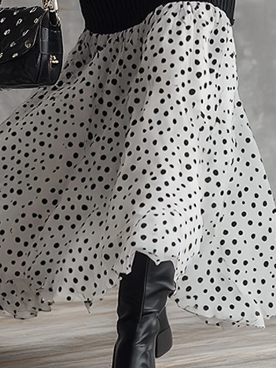 Stylish And Elegant White Polka Dot Chiffon Black Knit Maxi Dress sold by Oyrosy product image thumbnail 4