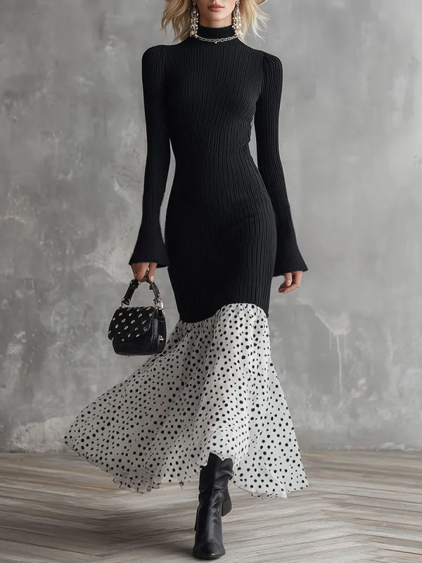Stylish And Elegant White Polka Dot Chiffon Black Knit Maxi Dress sold by Oyrosy