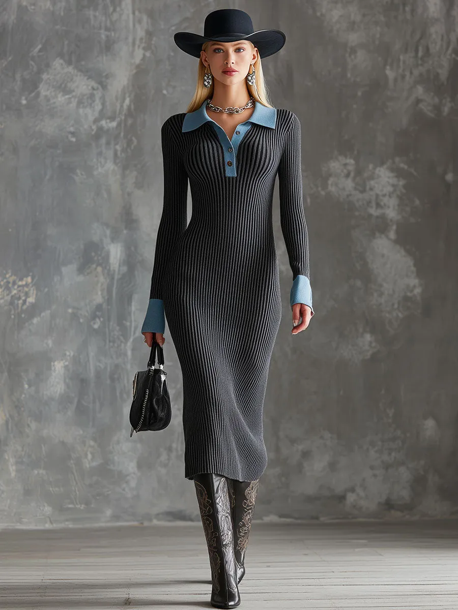 Casual Retro Gray Knitted Collared Midi Dress sold by Oyrosy product image thumbnail 2