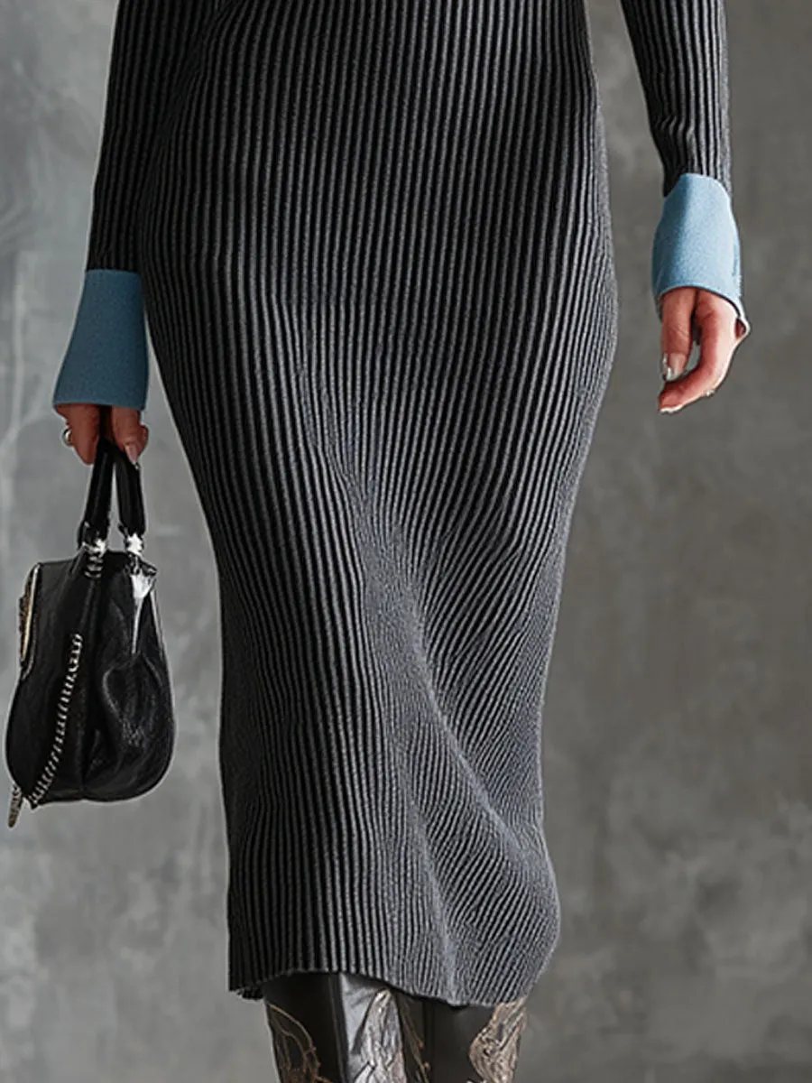 Casual Retro Gray Knitted Collared Midi Dress sold by Oyrosy product image thumbnail 4