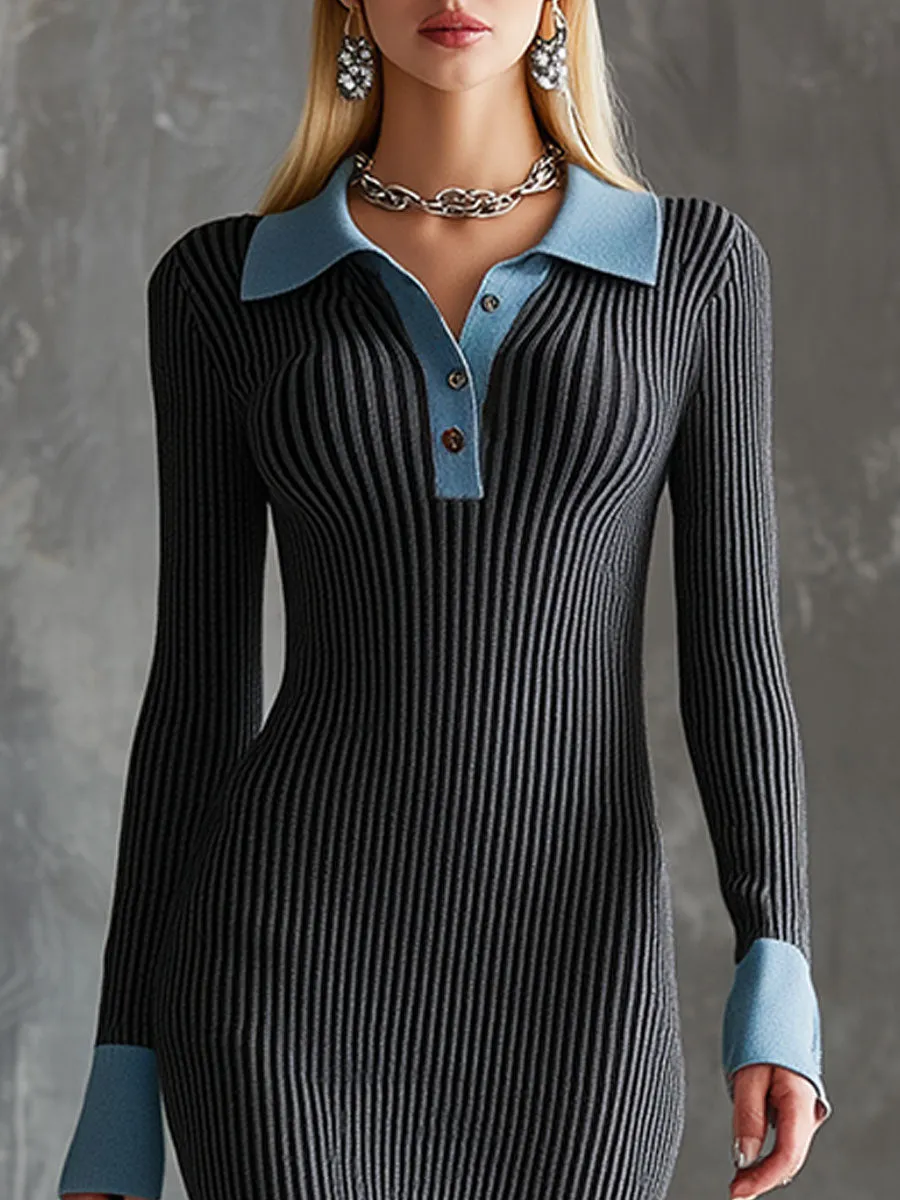 Casual Retro Gray Knitted Collared Midi Dress sold by Oyrosy product image thumbnail 3