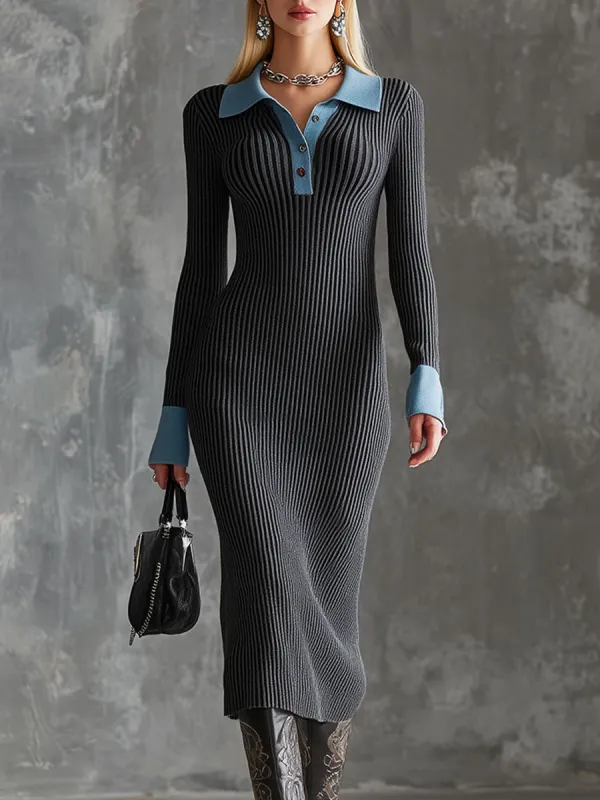 Casual Retro Gray Knitted Collared Midi Dress sold by Oyrosy