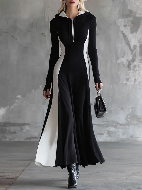 Fashionable Sporty Black And White Patchwork Hooded Half-zip Maxi Dress sold by Oyrosy