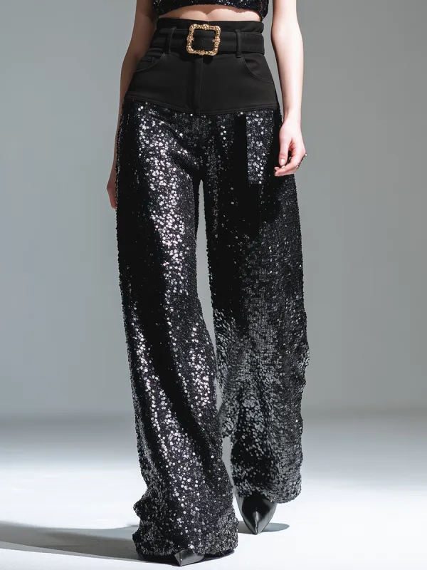 Trendy Urban Denim Patchwork Sequined Wide-leg Pants sold by Oyrosy