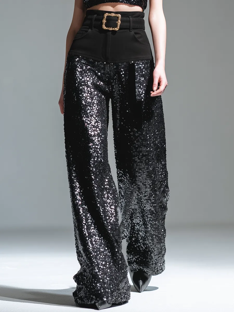 Trendy Urban Denim Patchwork Sequined Wide-leg Pants sold by Oyrosy