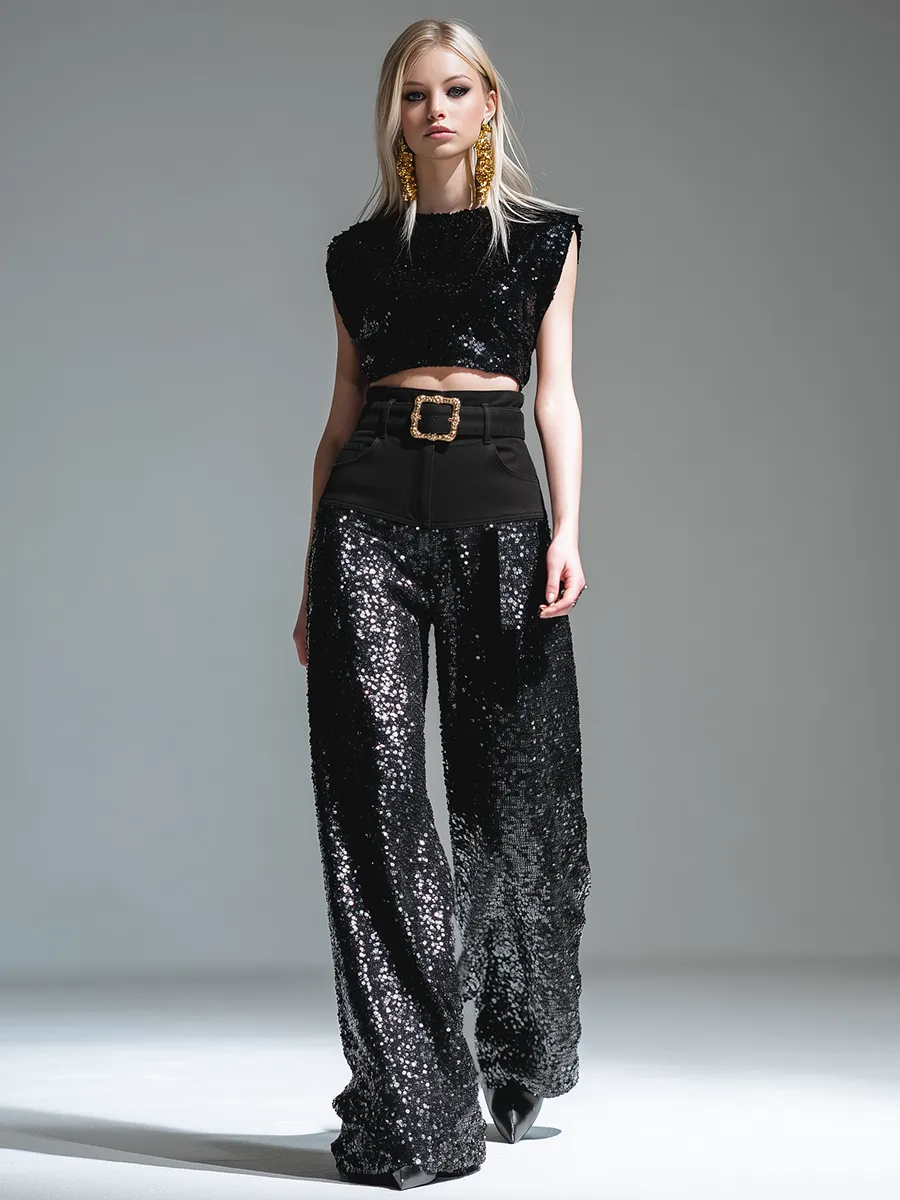 Trendy Urban Denim Patchwork Sequined Wide-leg Pants sold by Oyrosy product image thumbnail 2