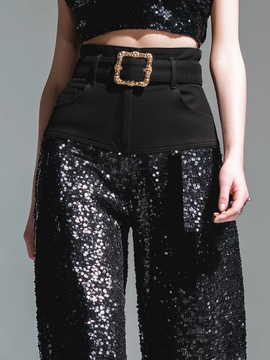 Trendy Urban Denim Patchwork Sequined Wide-leg Pants sold by Oyrosy product image thumbnail 3