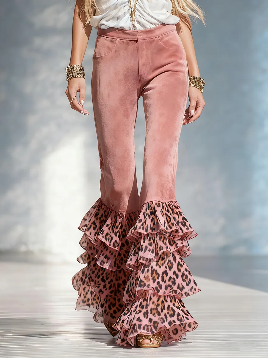 Retro-style Leopard Print Chiffon Ruffled Faux Suede Pants sold by Oyrosy product image thumbnail 4