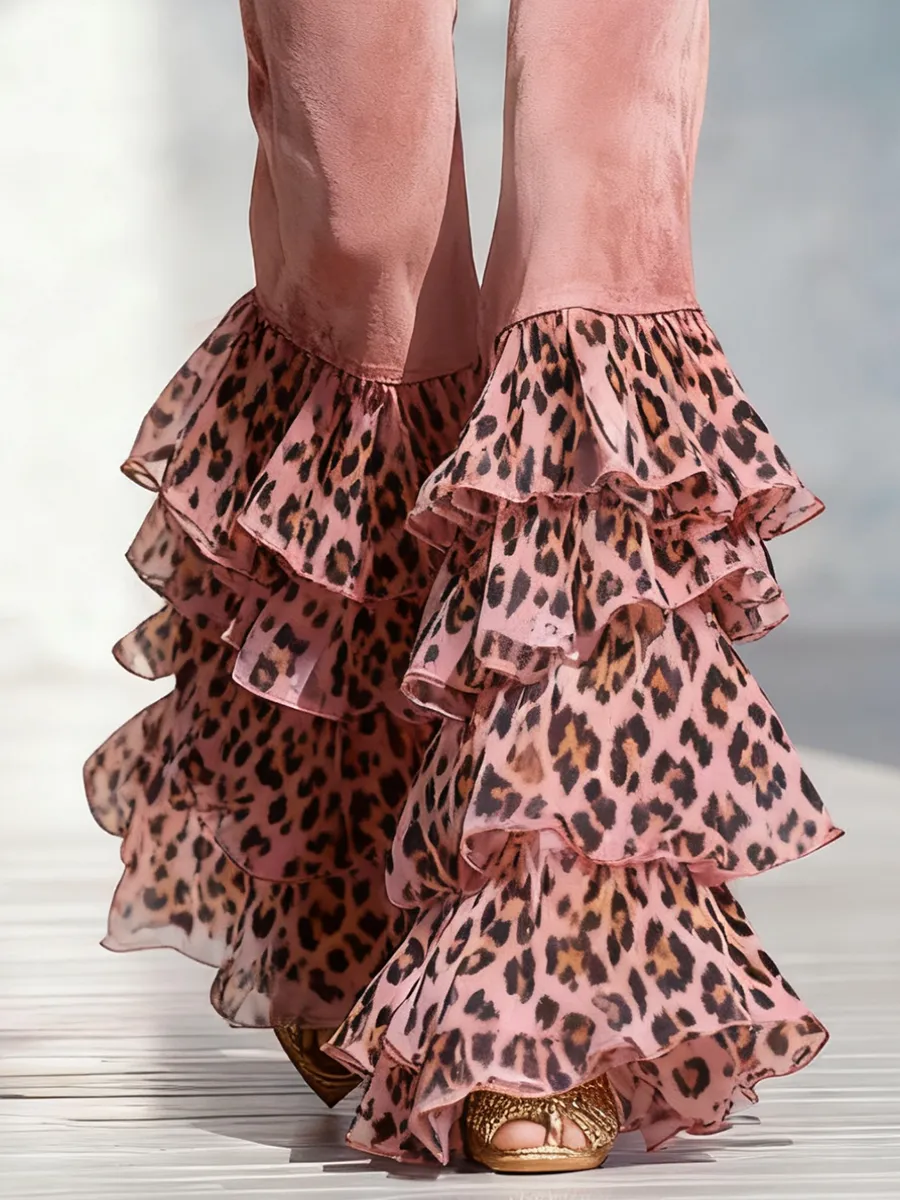 Retro-style Leopard Print Chiffon Ruffled Faux Suede Pants sold by Oyrosy product image thumbnail 3