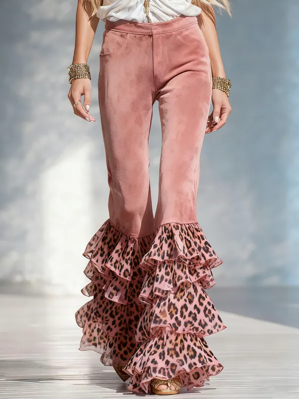 Retro-style Leopard Print Chiffon Ruffled Faux Suede Pants made by Oyrosy