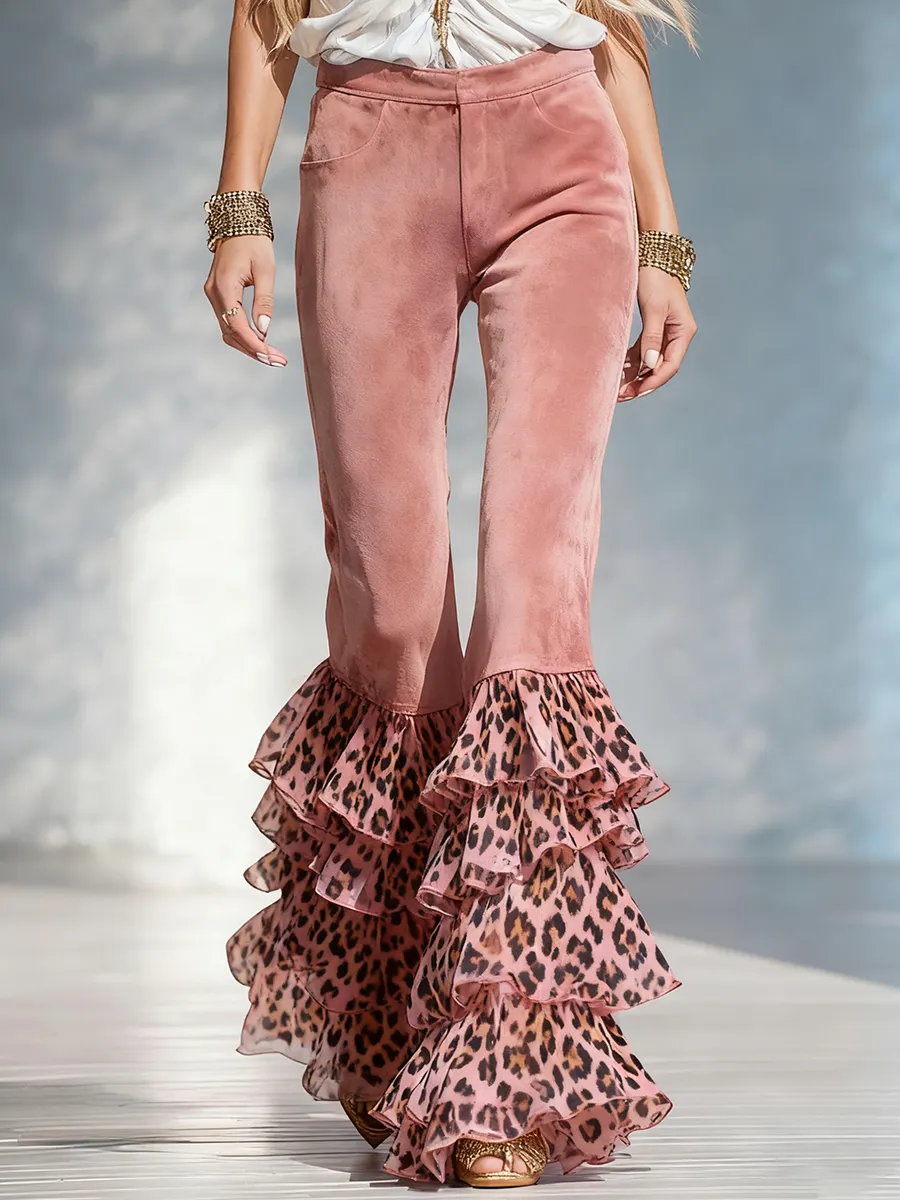 Retro-style Leopard Print Chiffon Ruffled Faux Suede Pants sold by Oyrosy